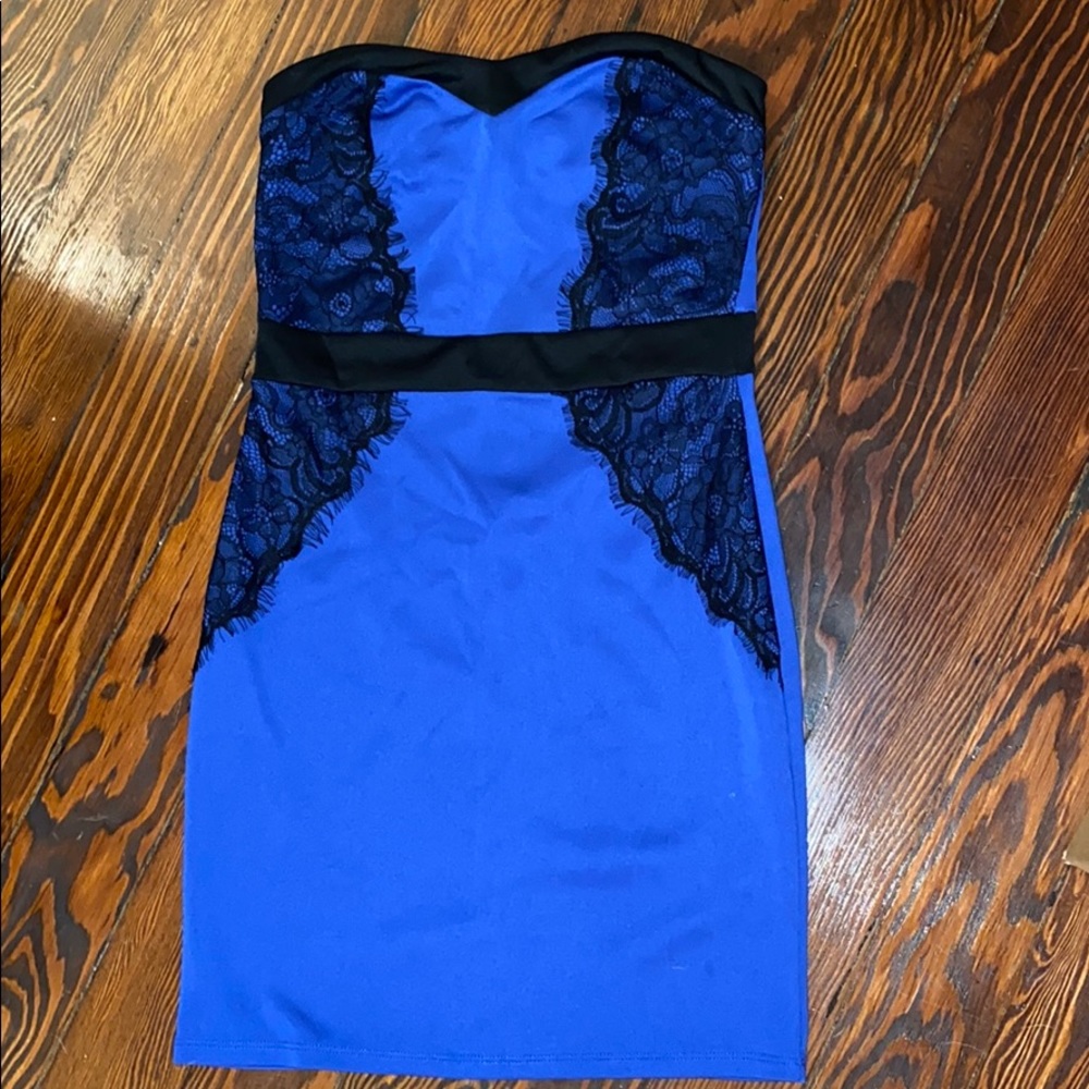Blue and Black Lace Mini Strapless Dress